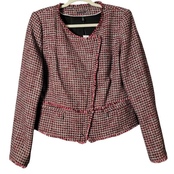 White House Black Market Jackets & Blazers - White House Black Market Red Black Tweed Fringe Moto Work Blazer Jacket Size 12